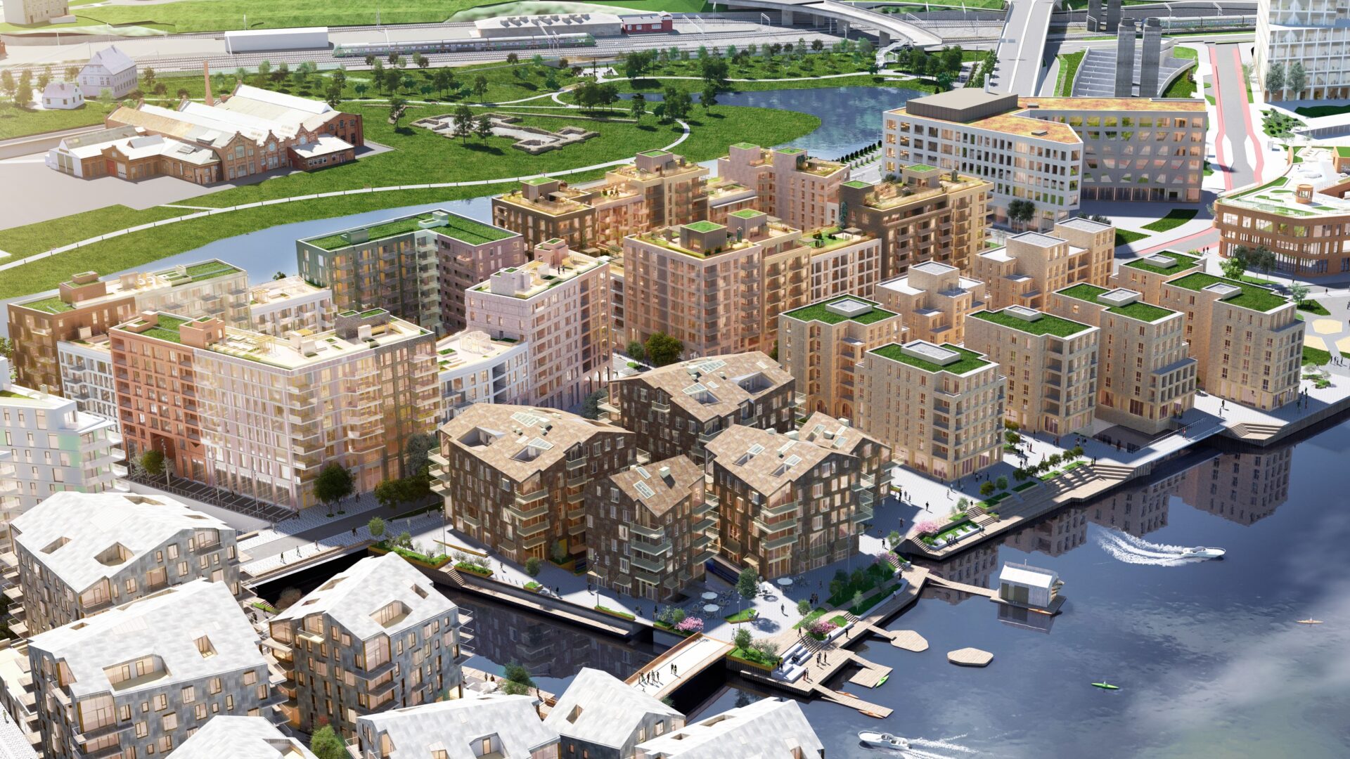 Bispevika syd med kvartaler i variert arkitektur (3D-rendering)