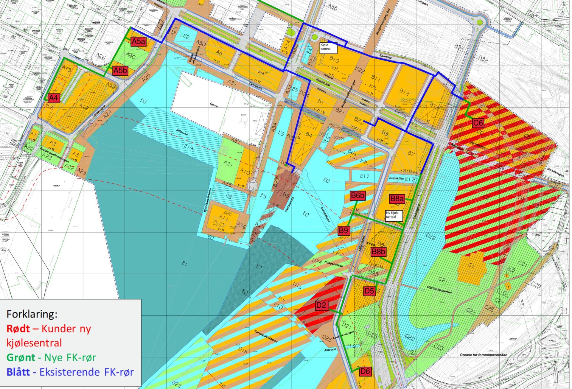 Reguleringsplan for Bjørvika med eksisterende og nye fjernkjølerør