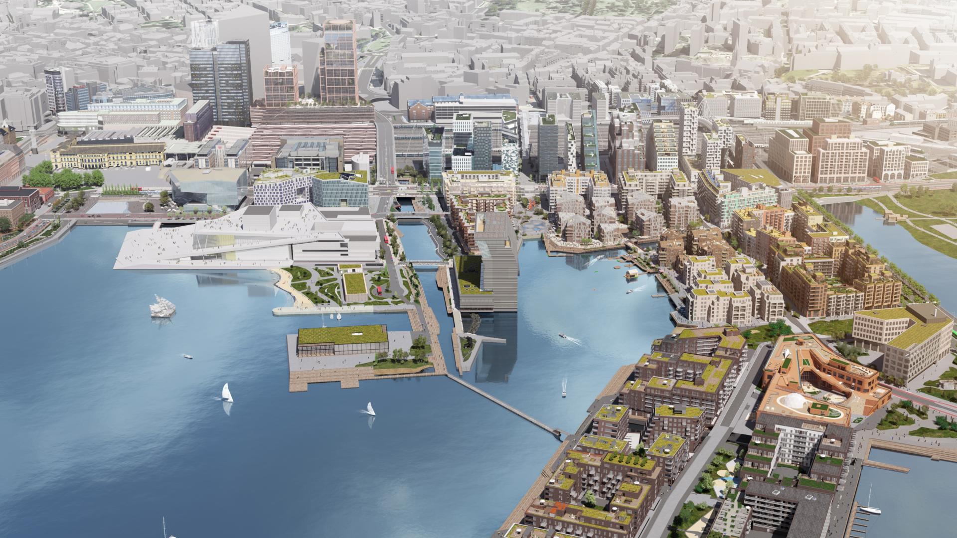 Oversiktsbilde av Bjørvika med Operaen, Bispevika og fjorden (3D-rendering)