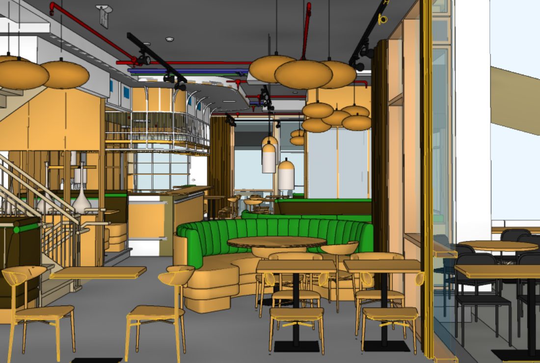 3D-modell av et restaurantinteriør